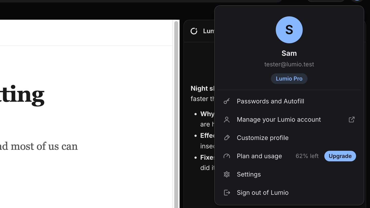 The account menu showing a Lumio Pro plan