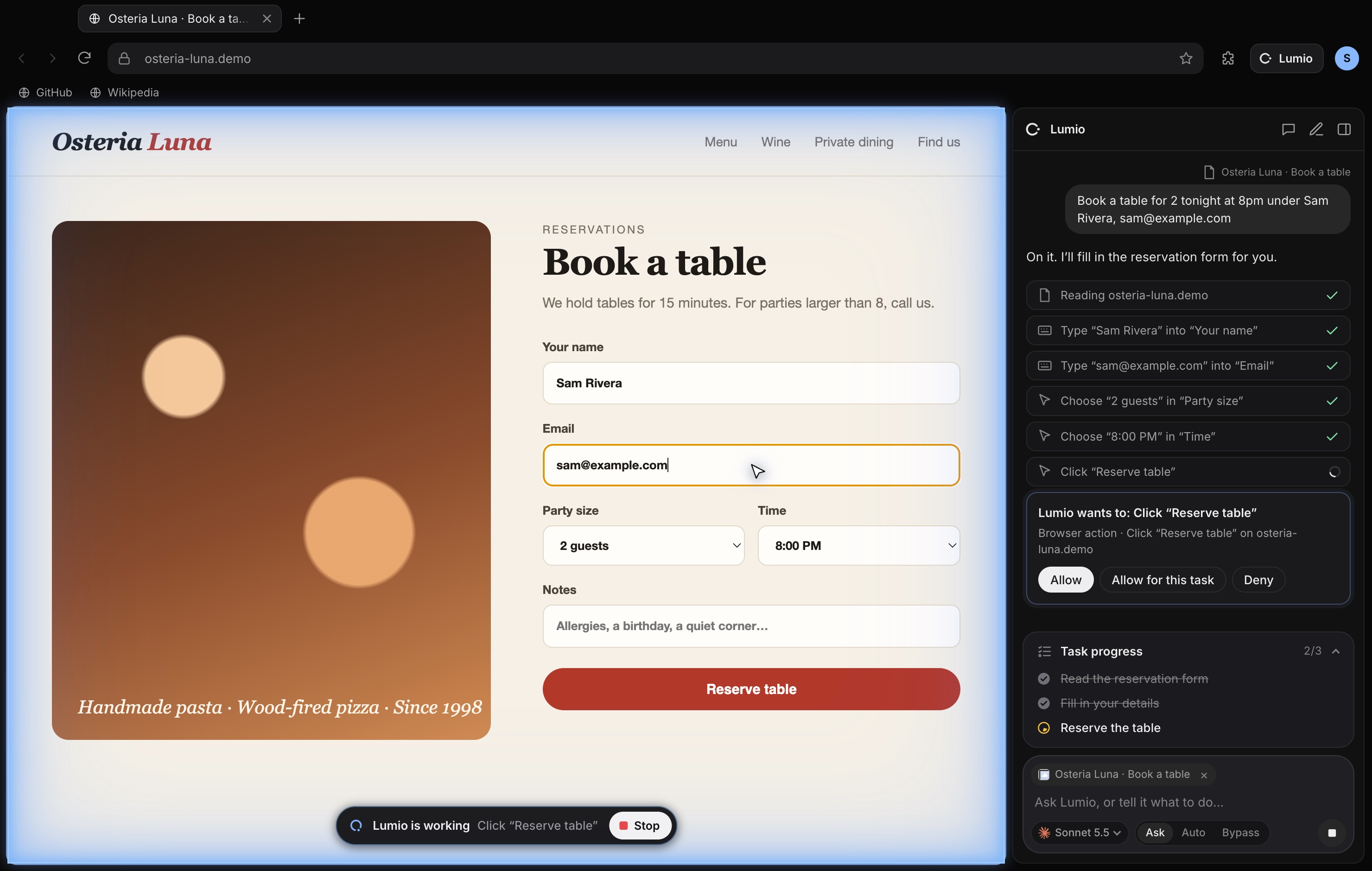 Lumio Browser with the Lumio panel filling in a restaurant booking form and asking for approval before clicking Reserve table