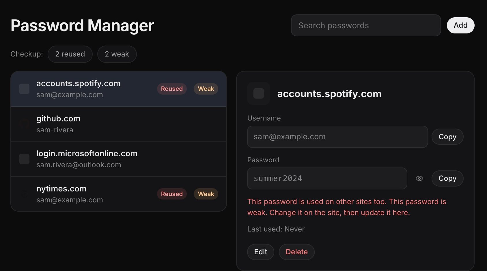 The Password Manager page